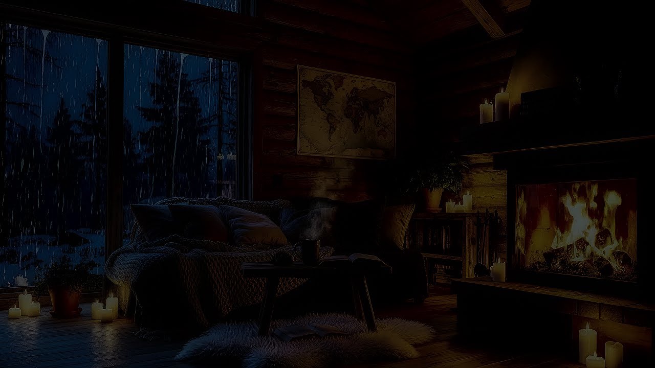 Relaxing Rain in Cabin Forest Ambience and Fireplace Crackling to Fall Asleep Fast