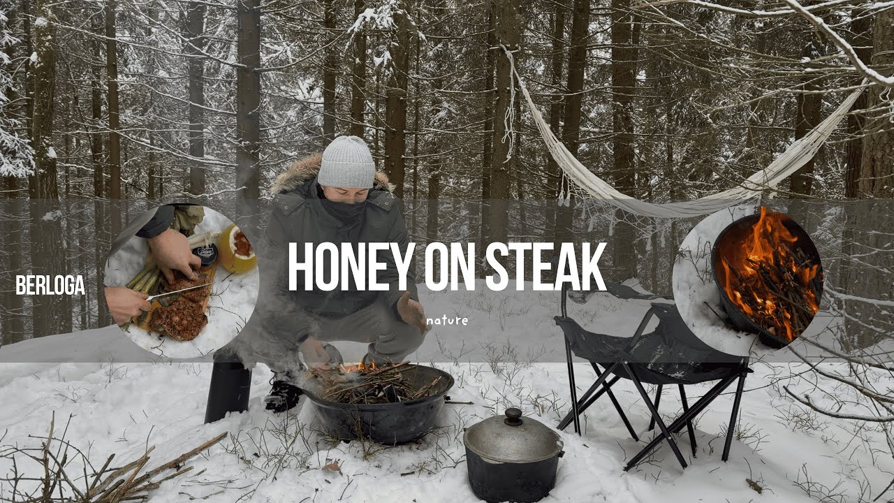 Steak & Honey | Campfire ASMR🌲Зима, лес и вкусный стейк с медом🥩