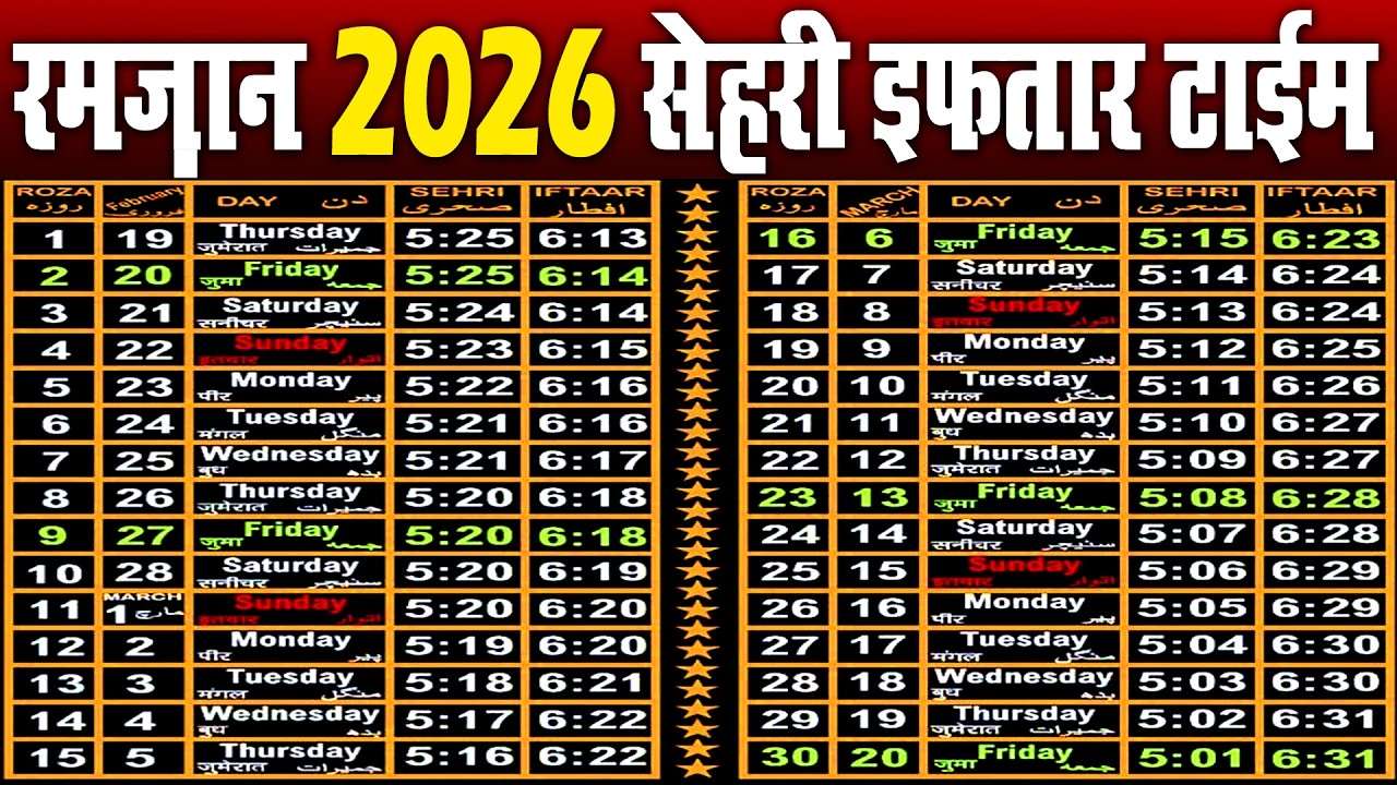 Ramzan time table 2026 | Ramzan Sehri iftar time 2026 | Aaj ki sehri iftari 2026 | sehri timing 2026