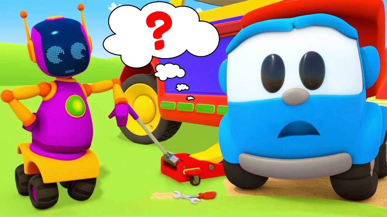 Vamos levantar o carro e trocar o pneu com a turma do Léo, o caminhão! Desenho animado infantil