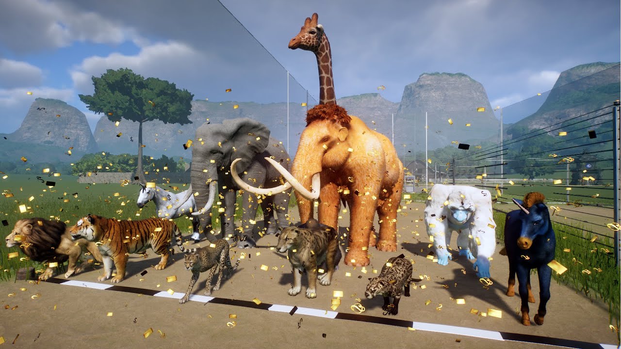 Animals VS Ancient Animals Race in Planet Zoo included Elephant, Mammoth, Lion, Yeti, Unicorn & Kong