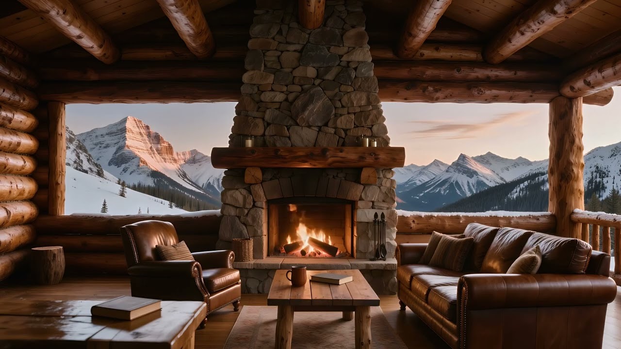 Peaceful Log Cabin Fireplace 🔥🏔️ | Snowy Mountain Sunset Ambience