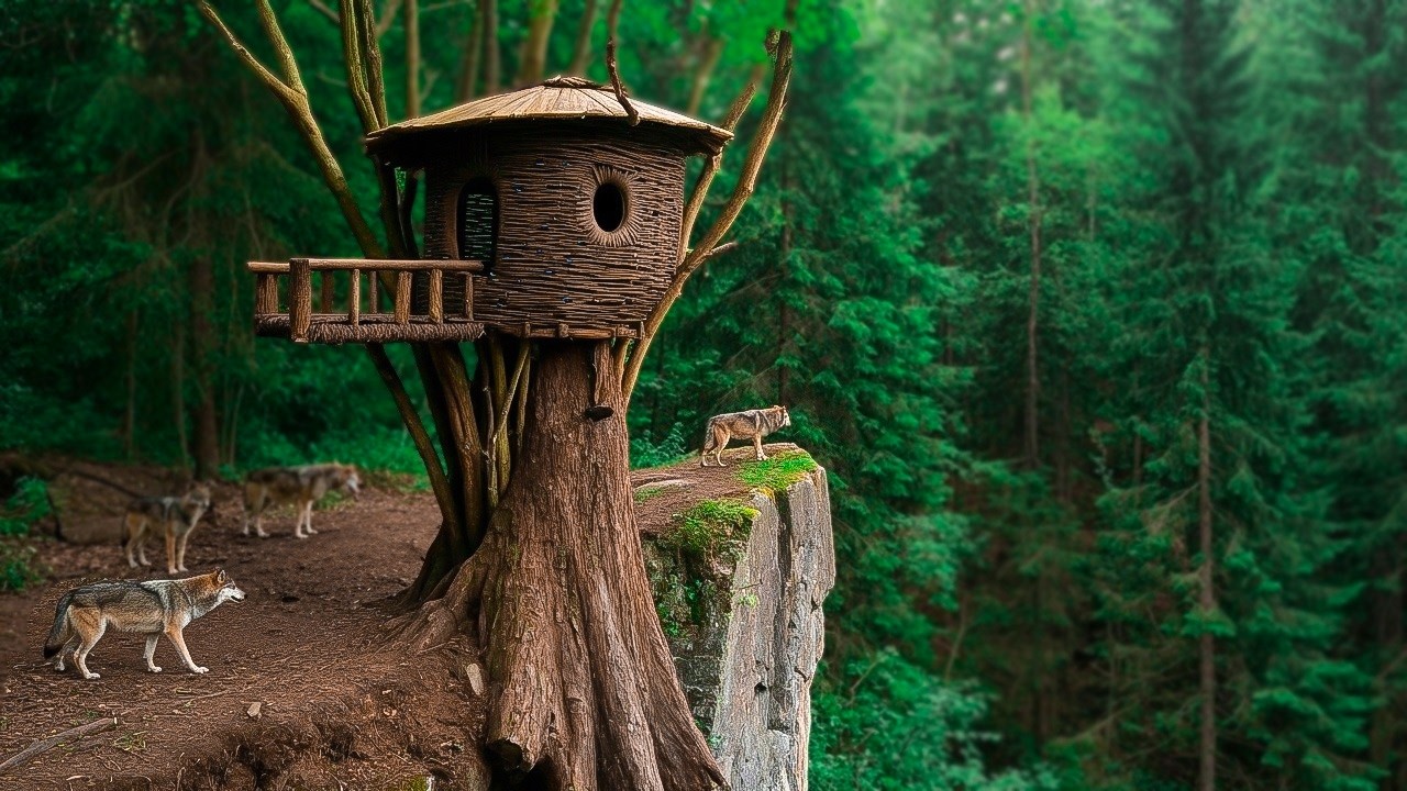 Building Shelter in a Tree House on the Edge of a Cliff, Solo Bushcraft / King Of Satyr