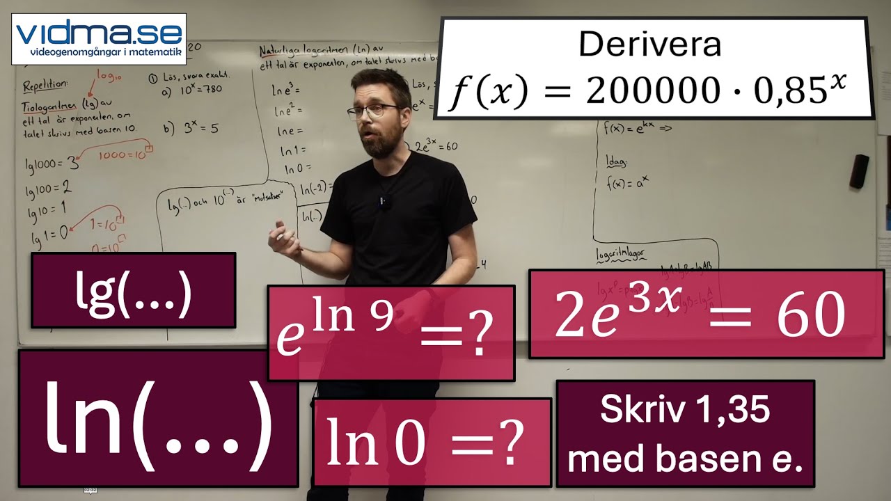 Matematik 3. Naturliga logaritmen ln. Tiologaritmen lg. Derivatan av exponentialfunktionen y=a^x.