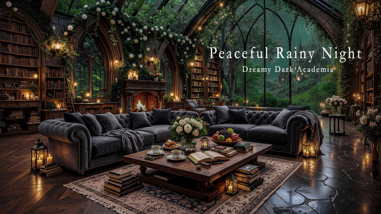Rainy Forest Spring Library Ambience 🌧️ Cozy Fireplace & Dark Academia Piano for Study & Deep Focus