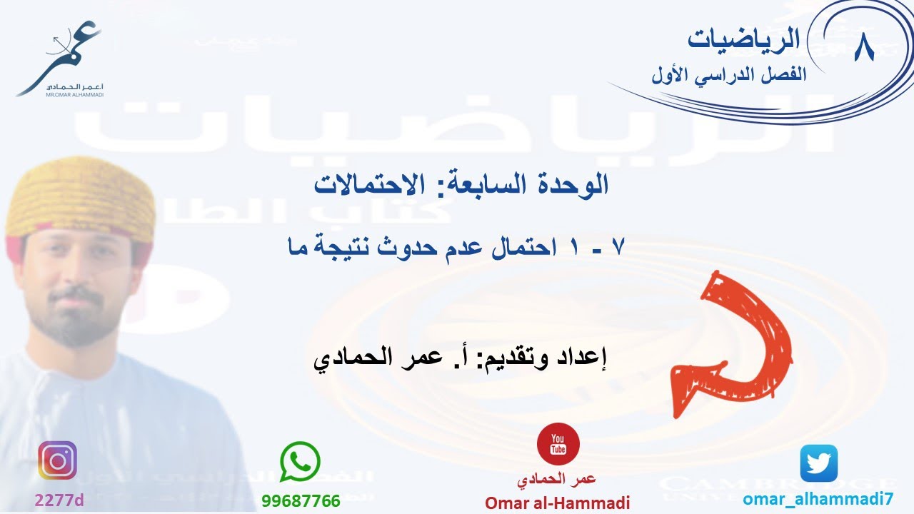 7 - 1 درس احتمال عدم حدوث نتيجة ما   - الرياضيات ( الصف الثامن) أ.عمر الحمادي
