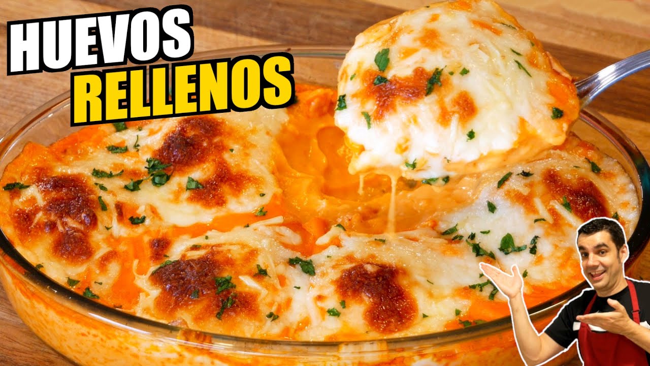 HUEVOS RELLENOS en SALSA AURORA y gratinados,🥚🍳🧀 un manjar que te va a sorprender! Receta fácil.