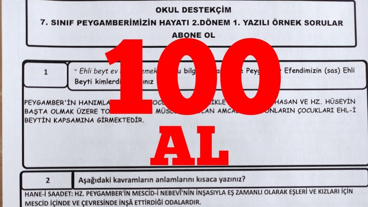 7. Sınıf Peygamberimizin Hayatı 2. Dönem 1. Yazılı