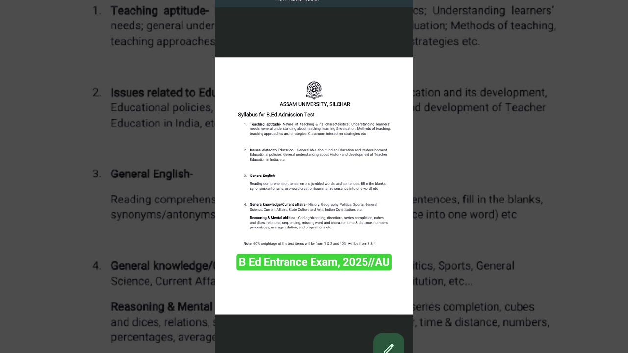 B Ed Entrance Exam 2025 syllabus// Assam University//