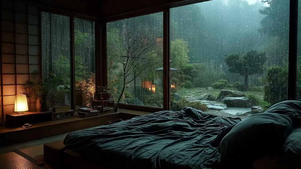 🌿 Bedroom Rain Sanctuary | Warm Lighting & Heavy Rainfall (3 Hours) | Focus Study Meditation Sleep