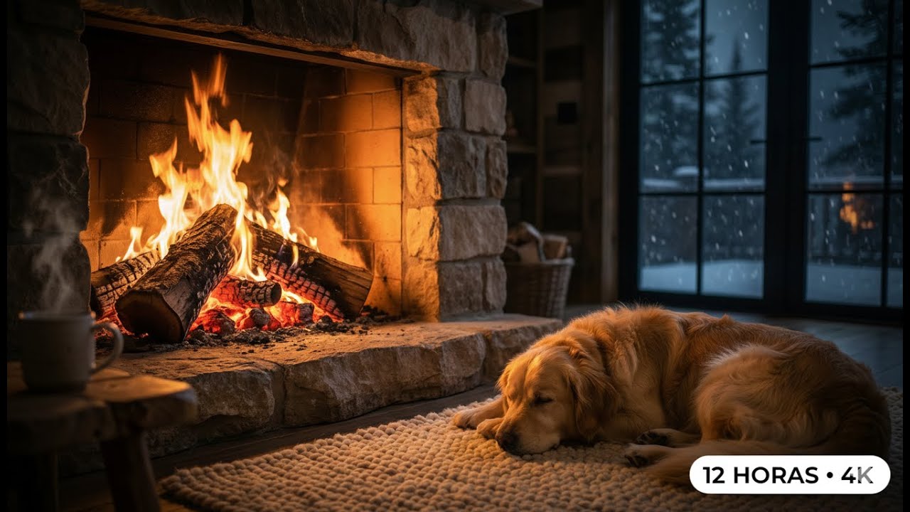 🔥 Cozy Fireplace 4K (12 Hours) | Relaxing Crackling Fire Sounds, Sleeping Dog & Snowfall ❄️