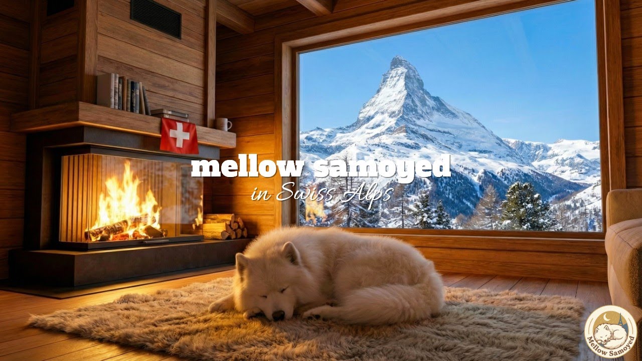 Cozy Winter Ambience with Sleeping Samoyed | Crackling Fireplace Sound in Swiss Alps (1 Hour)