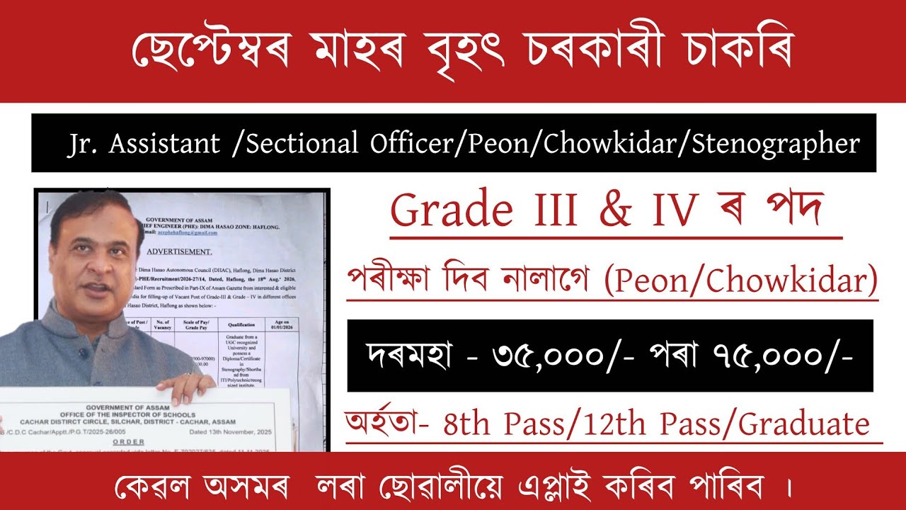 নতুন নিযুক্তি Grade III & IV ।&zwnj; পৰীক্ষা দিব নালাগে | Job Vacancy 2026 | Assam Job Vacancy 2026