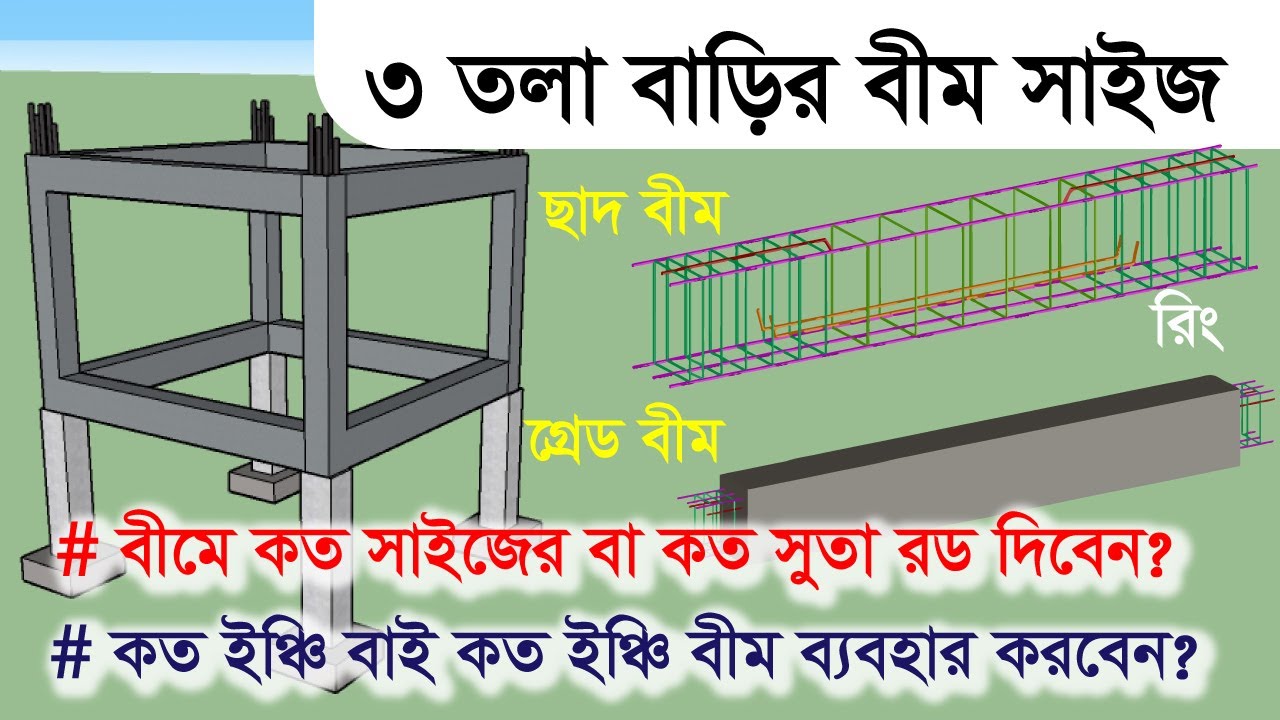 ৩ তলা বাড়ির বীম সাইজ | ৩ তলা বাড়ির জন্য কত সাইজের বীম | ৩ তলা বাড়ির বীমে কত সুতা রড | Beam Size