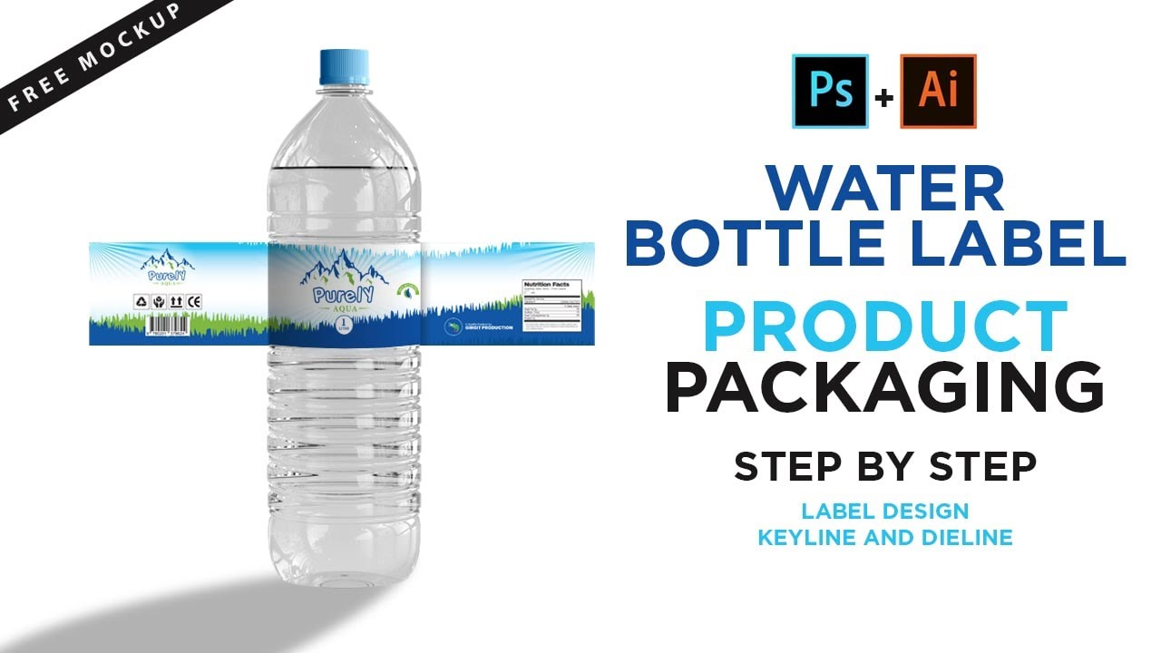 Purely Aqua Label Product Packaging Design in Illustrator/Photoshop | 3D Bottle Mockup