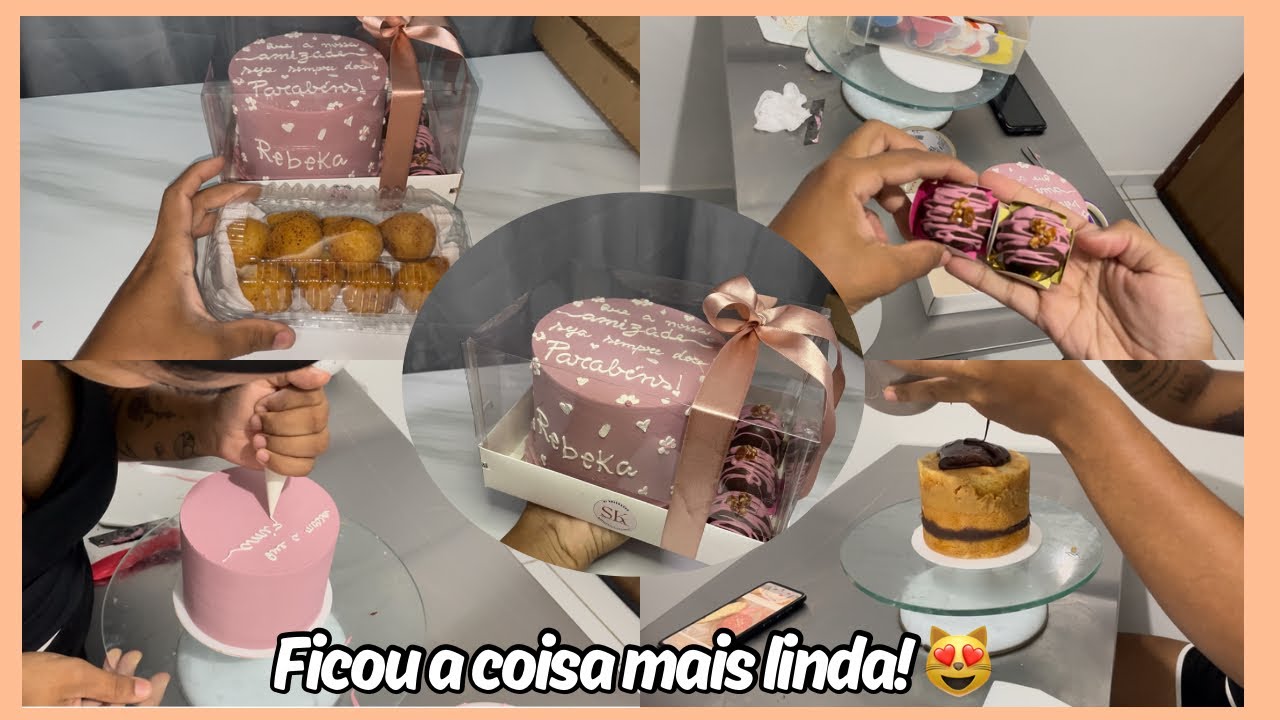 Produzindo uma caixa presenteável para a minha vizinha! Bolo ganache com escrita delicada 