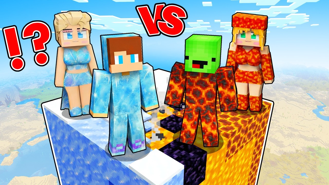 JJ and ELSA FROZEN Family VS Mikey and Girl LAVA Family skyblock challenge in Minecraft ! Maizen