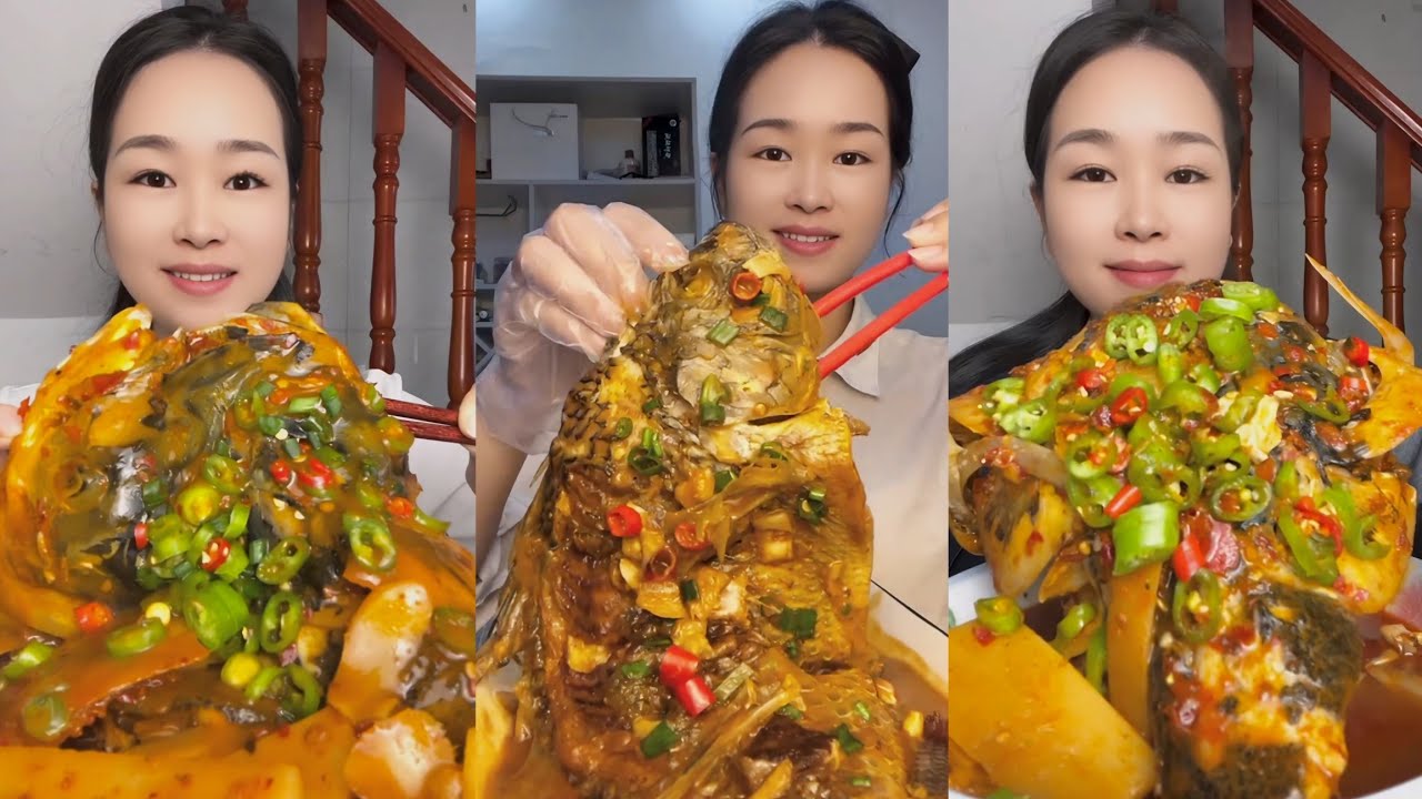 Chinese Food Mukbang: Enjoying Fish Head Curry with Spicy Seafood and ASMR Eating Sounds