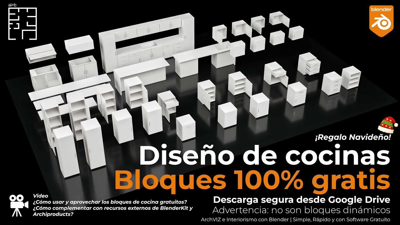 54.- Diseño de cocinas en Blender. ¡Regalo Navideño: Bloques de cocina 100% Gratis para descargar!