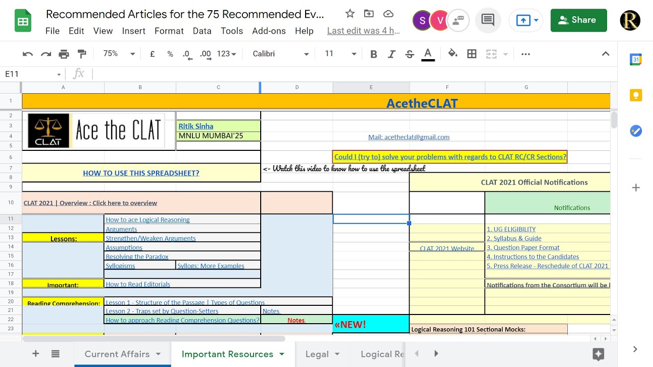 #CLAT2021 Resources for CLAT 2021 | A Spreadsheet to organize your prep | AcetheCLAT | CLAT 2021