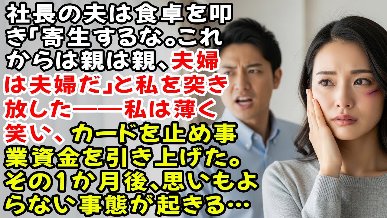 社長の夫は食卓を叩き「寄生するな。これからは親は親、夫婦は夫婦だ」と私を突き放した——私は薄く笑い、カードを止め事業資金を引き上げた。その1か月後、思いもよらない事態が起きる…