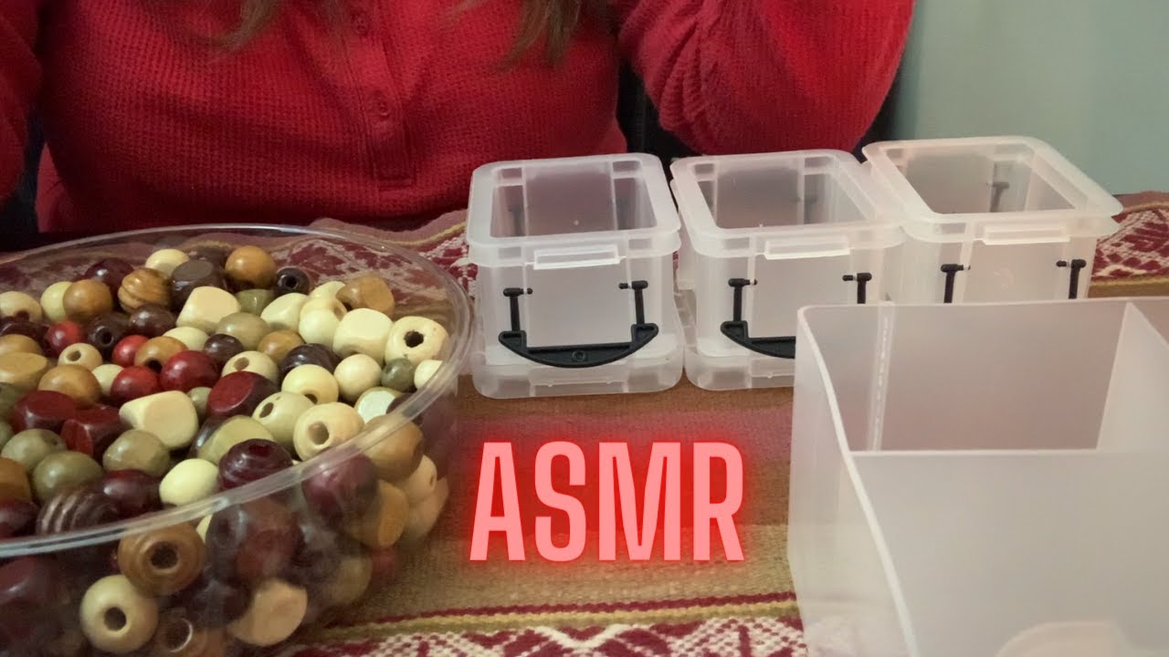 ASMR Rummaging Through, Sorting and Organizing Wooden Beads in Plastic Bins