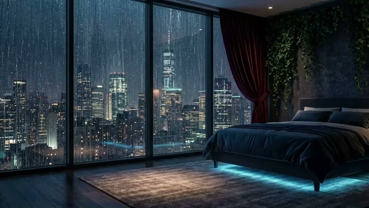Rainy Night in a Luxury High-Rise Bedroom 🌧️ City Skyline Ambience for Deep Sleep & Focus