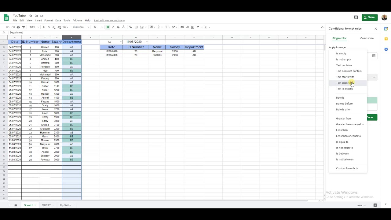 Conditional Formatting Google Sheets Second Part - التنسيق المشروط في جوجل شيت الجزء الثاني