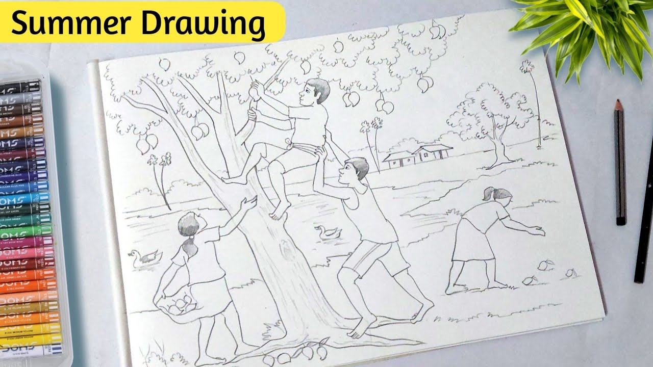 Summer Season Scenery Drawing/ Summer Season Drawing Easy/ Village Scenery Drawing