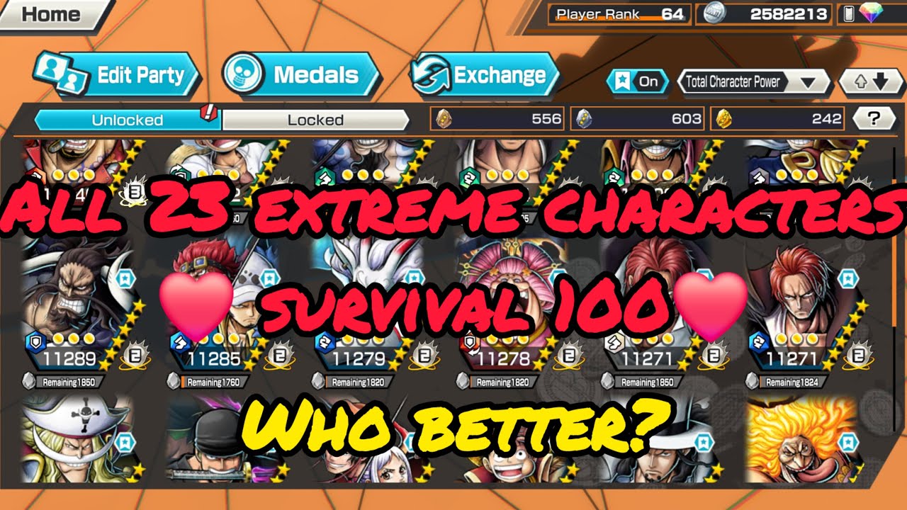 All extreme characters lvl 100 survival 100 Gameplay in One Piece Bounty Rush | OPBR