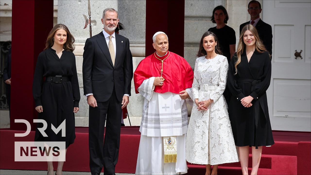 GRAND WELCOME: Spain's Royal Family, King Felipe  Receive Pope Leo at Madrid Royal Palace | AK1G