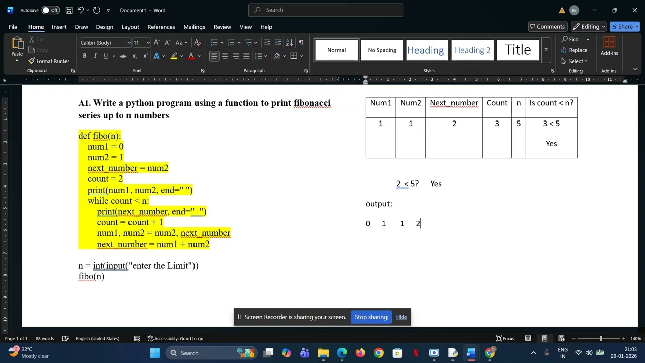2nd PU - Computer Science Python Practical Program - a1) Fibonacci series