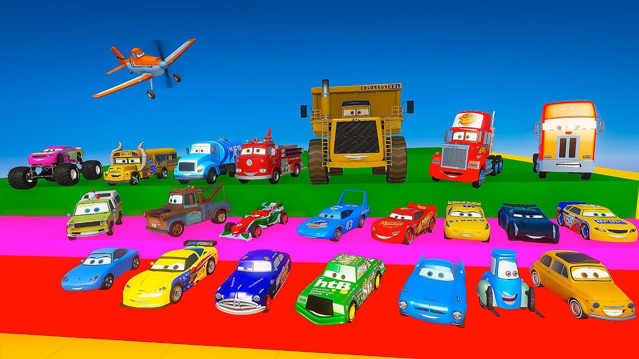Disney Pixar Cars:  Lightning McQueen, Cruz Ramirez, Mater, Hudson, The King , Guido, Luigi, Mack,