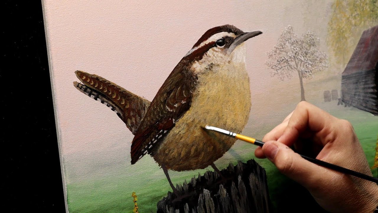 Painting A Carolina Wren, Full Length Tutorial.  Acrylics On Canvas. #painting #birds #feathers