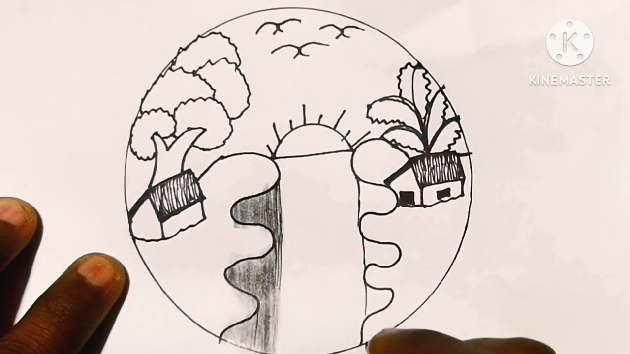 Circle scenery drawing easy step ll very easy beautiful drowning step by step sunset circle scenery 