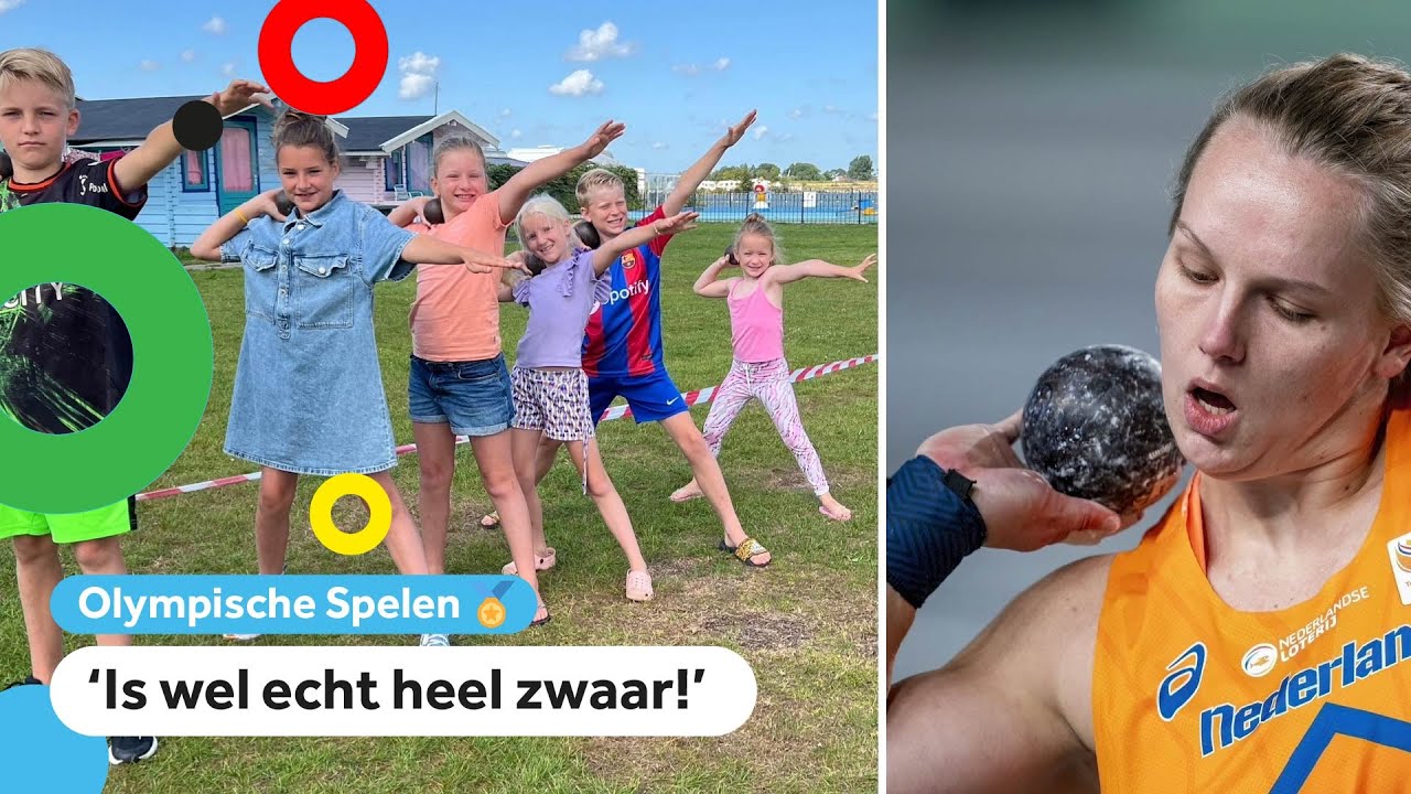 Kinderen oefenen met kogelstoten: 'In je nek, en duwen!'