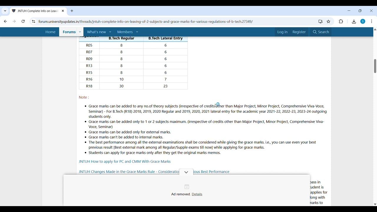 JNTUH Complete Info on Leaving of 2 Subjects and Grace Marks For Various Regulations of B.Tech