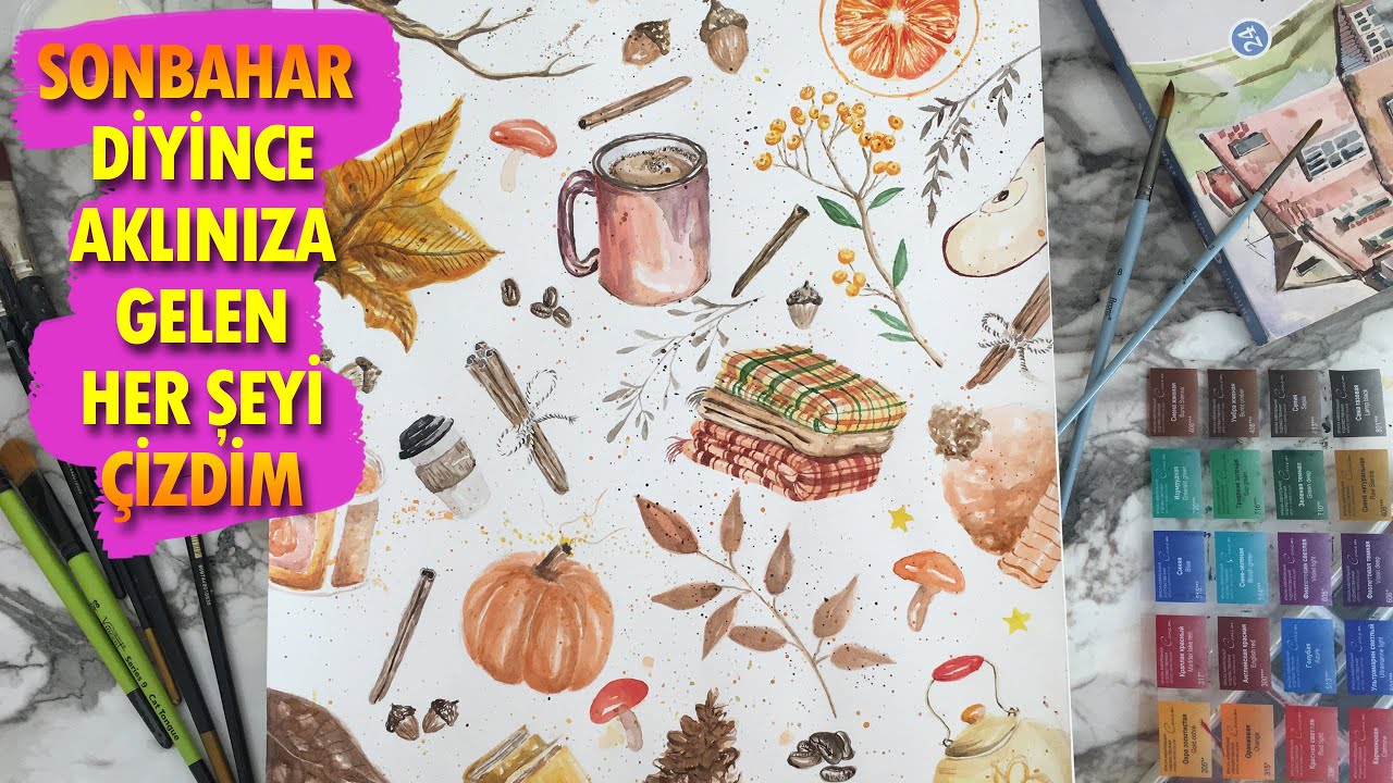 Suluboya sonbahar resmi çizimi | Yaprak çizimi Kozalak çizimi Yarım limon çizimi #autumn #kolayresim