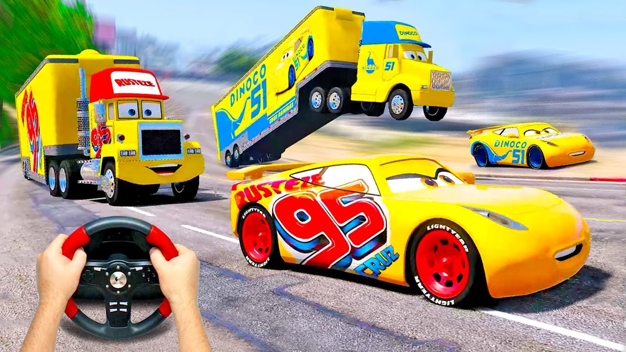 Crazy road drive with Mack Trucks of Cruz Ramirez Rusteze & Cruz Ramirez Dinoco from Cars 3 movie