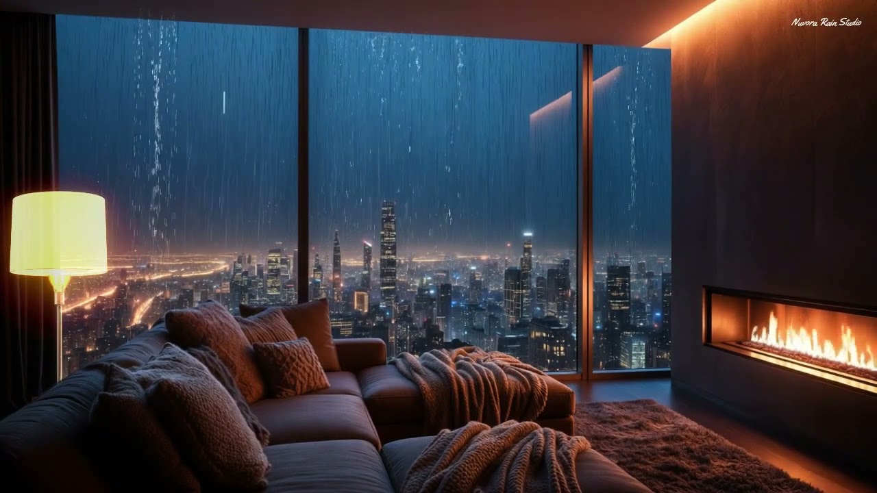 Heavy Rain on Window for Deep Sleep | Luxury Bedroom Fireplace & City Night (3 Hours)