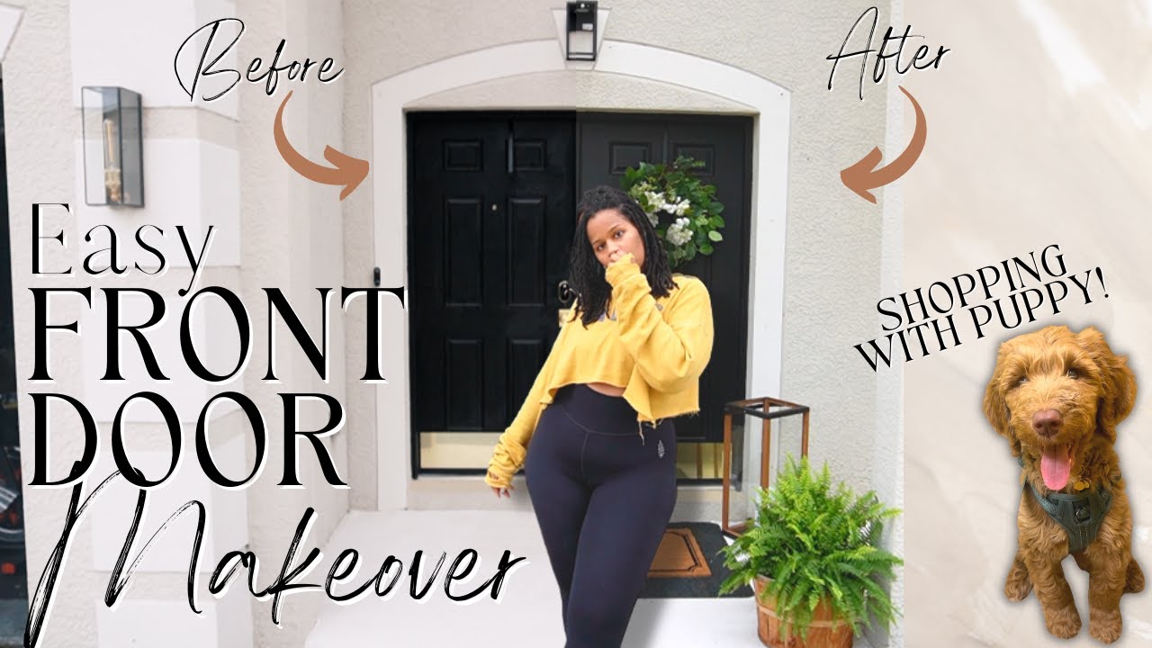 SPRING FRONT DOOR MAKEOVER | FRONT PORCH DECOR IDEAS SHOPPING WITH MY 10 WEEK OLD PUPPY GOLDENDOODLE