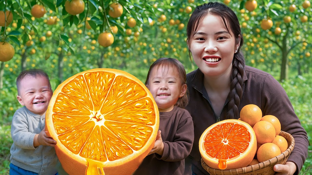 Harvest giant orange garden and pick vegetables in the garden, catch fish with the kids