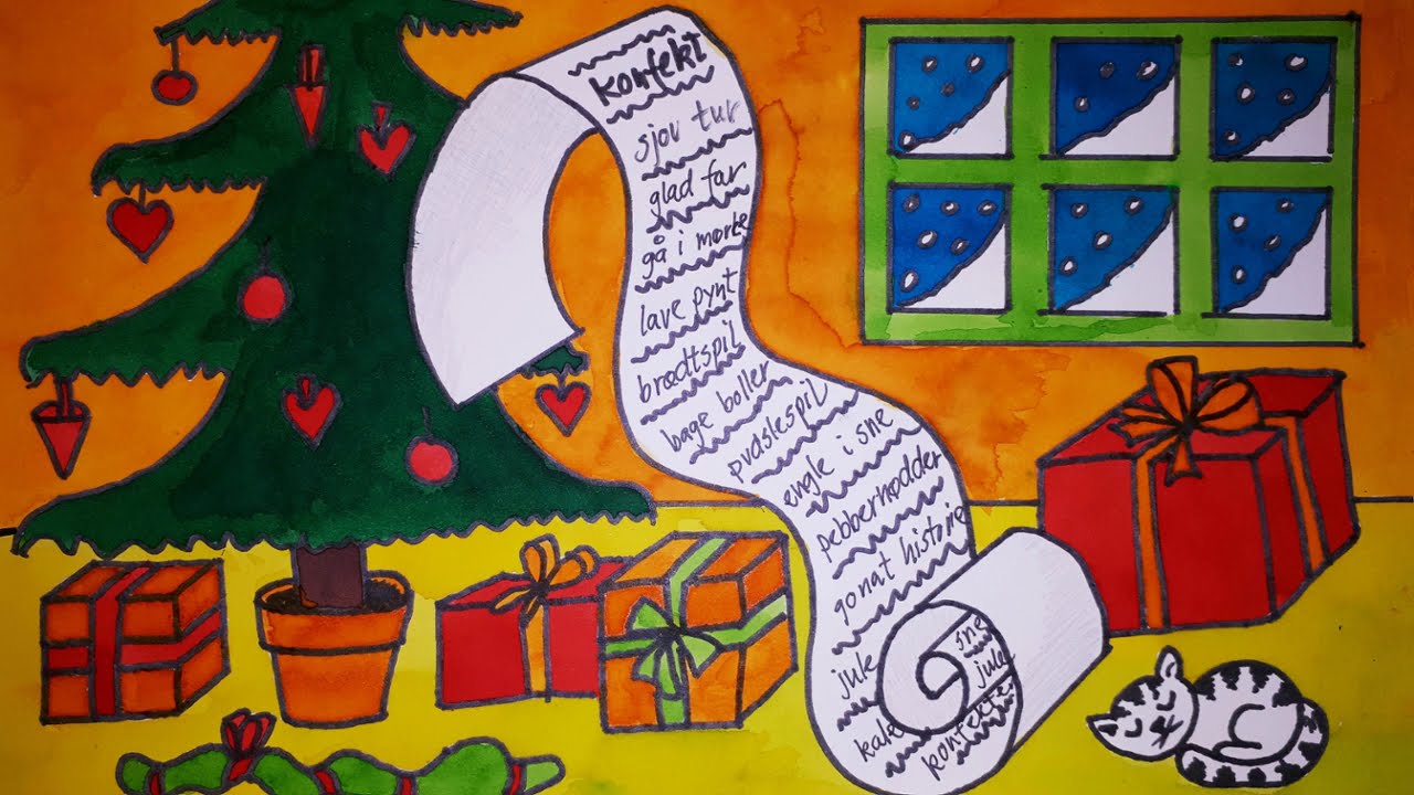 Tegn dig glad jul &oslash;nskeseddel kat christmas draw