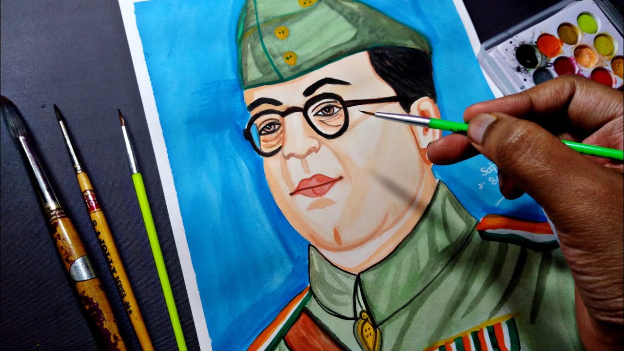 How to paint Subhash Chandra Bose Face using Water colours Step by step tutorial video for beginners