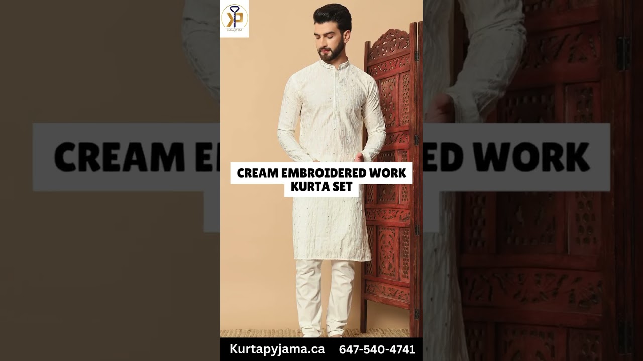 Cream Embroidered Work Kurta Set For Men | #kurtapyjama  #mensclothing #canada #usa