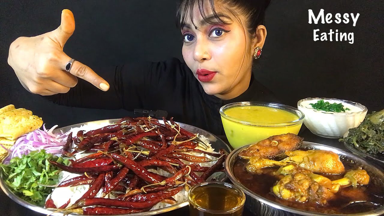 EATING BHAT DAL CHILLI BHORTA CHICKEN CURRY SAAG KHER PAPAD | EATING SHOW | ASMR MUKBANG | BIG BITES