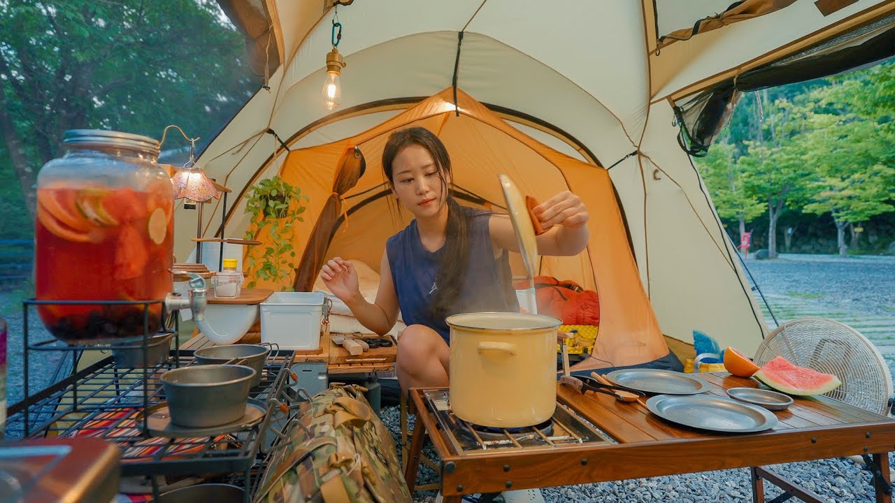 길이 7m 대형 텐트로 한적한 숲 속 시원한 여름 나기! | 다섯 가지 과일 넣고 만드는 취화채🍉| 제천 드래곤캠핑장