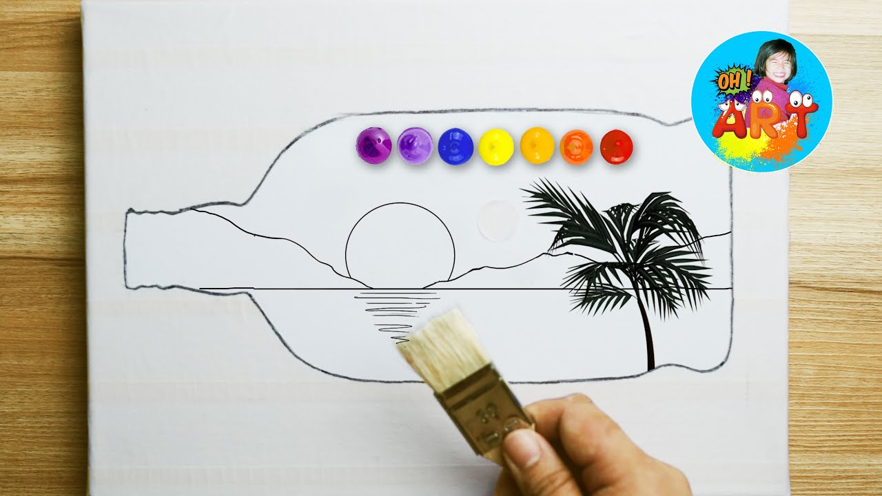 Daily Challenge #1 / How to Draw a Sunset Beach in a Message in a Bottle / Acrylic Painting Easy