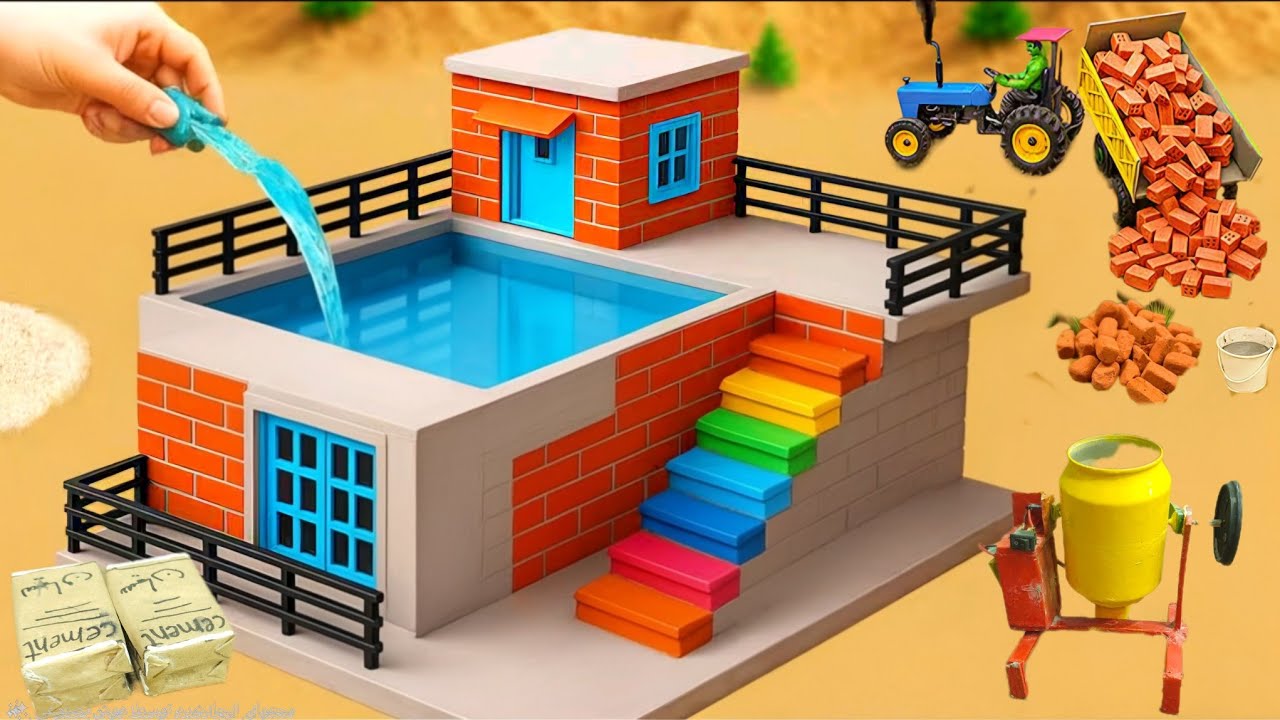 Building  Mini Tractor House - Brick Walls & Rooftop Pool | DIY Construction Science Project