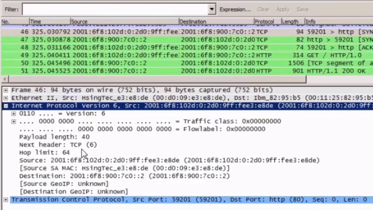 Sample IPv6 Headers in Wireshark